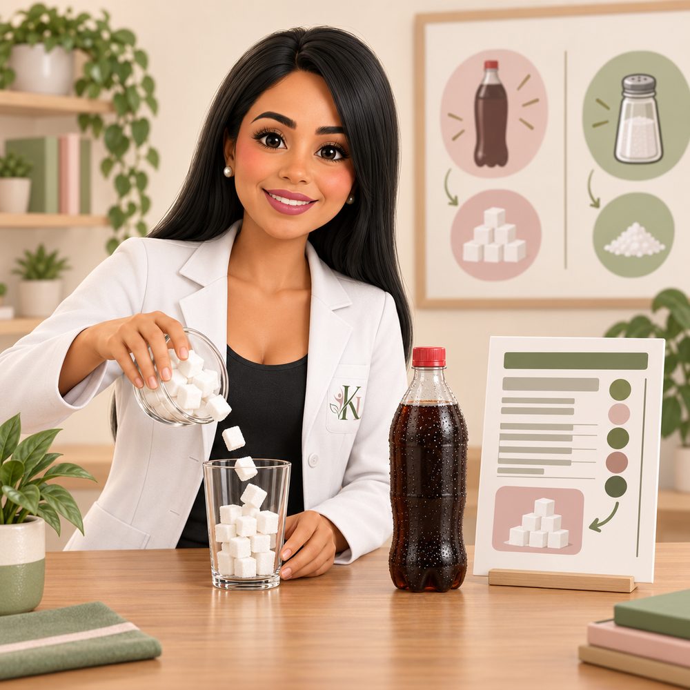 Karina vertiendo cubos de azúcar en un vaso junto a un refresco y una ficha nutrimental