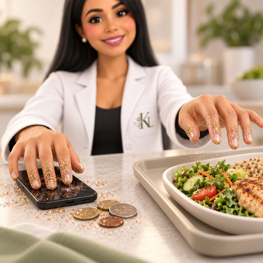 Manos de Karina cubiertas de diamantina tras tocar un celular y monedas, junto a una charola de comida