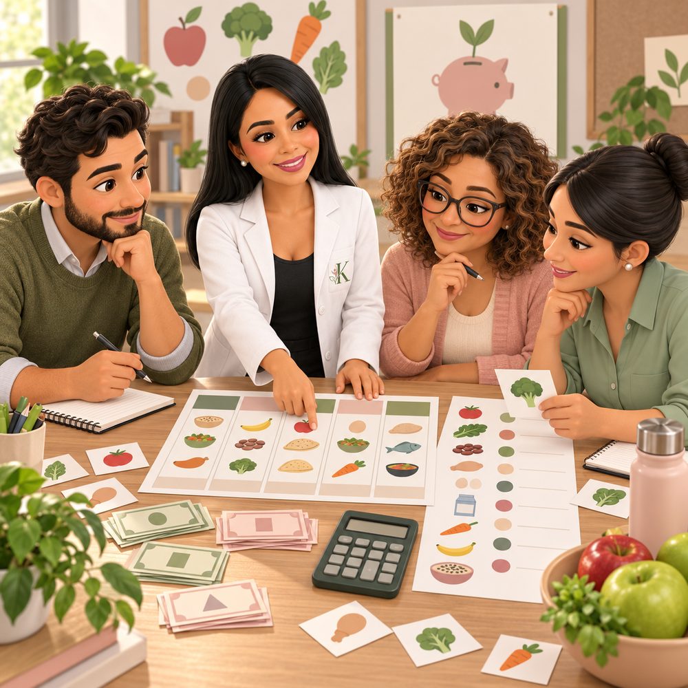 Karina con un equipo de docentes calculando costos de un menú con dinero ficticio y calculadora
