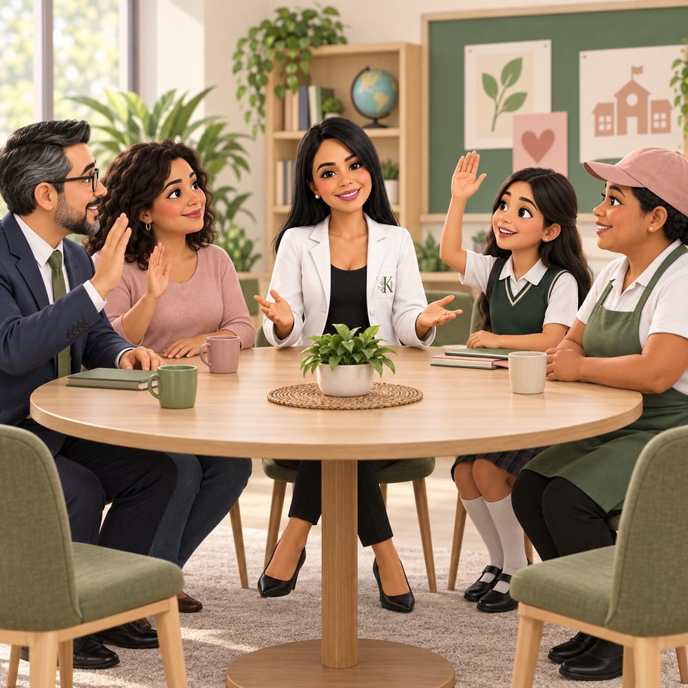 Karina moderando una mesa redonda con dirección, familia, estudiante y personal de la tiendita