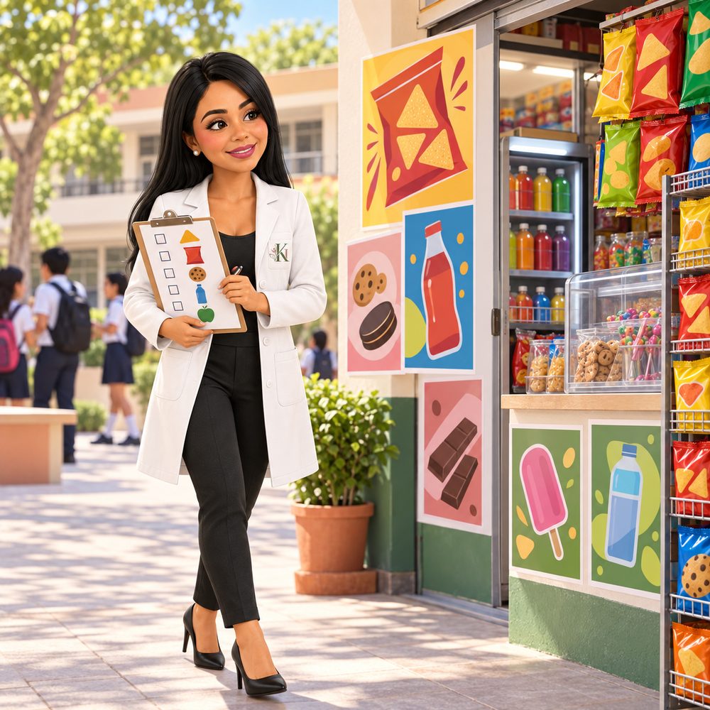 Karina con una hoja de observación frente a una tiendita escolar con publicidad de productos