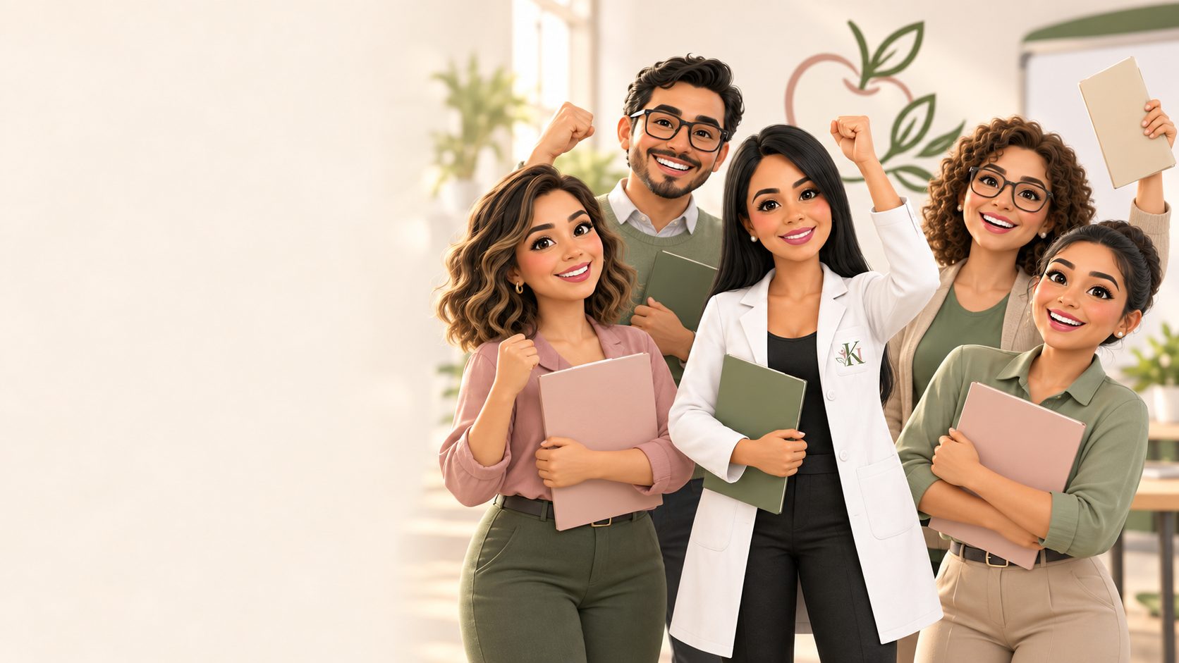 Karina Lara celebrando con un grupo de docentes, todos sonriendo con carpetas en mano