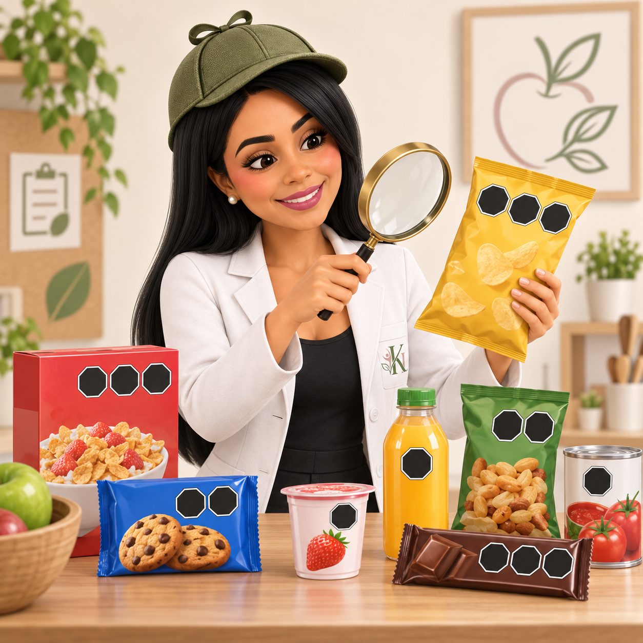 Karina con lupa revisando productos envasados con sellos de advertencia