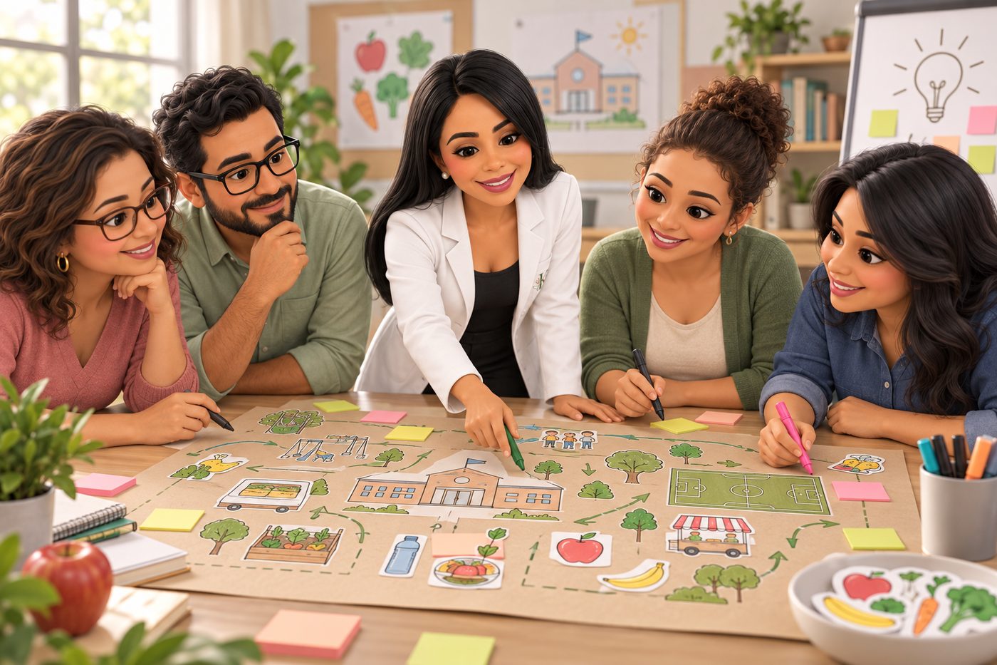 Karina Lara con un equipo de docentes construyendo el mapa del entorno alimentario escolar