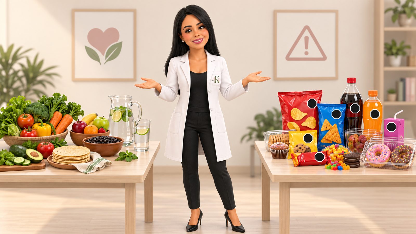 Karina Lara entre una mesa de frutas, verduras y agua, y una mesa de productos ultraprocesados con sellos de advertencia