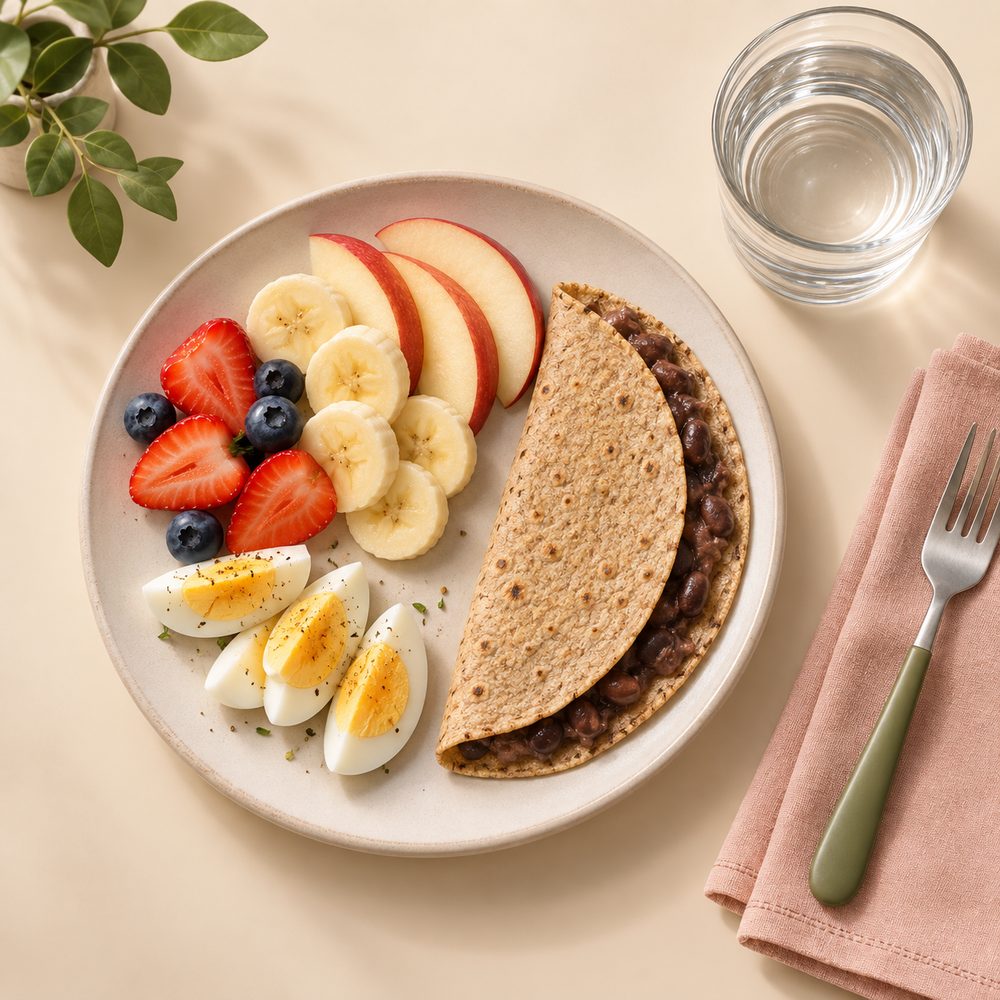 Plato balanceado con fruta, huevo, frijoles en tortilla integral y agua