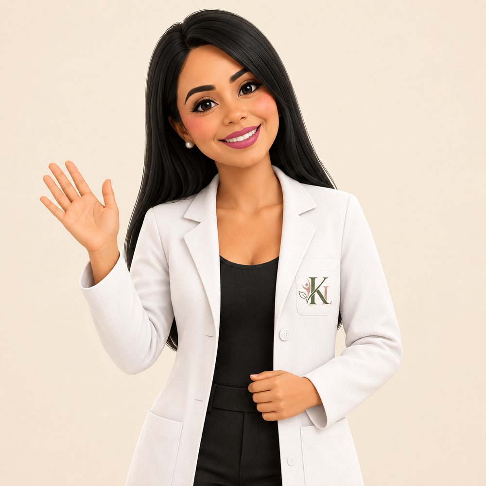 Karina Lara sonriendo y saludando, con su bata blanca con el logo KL