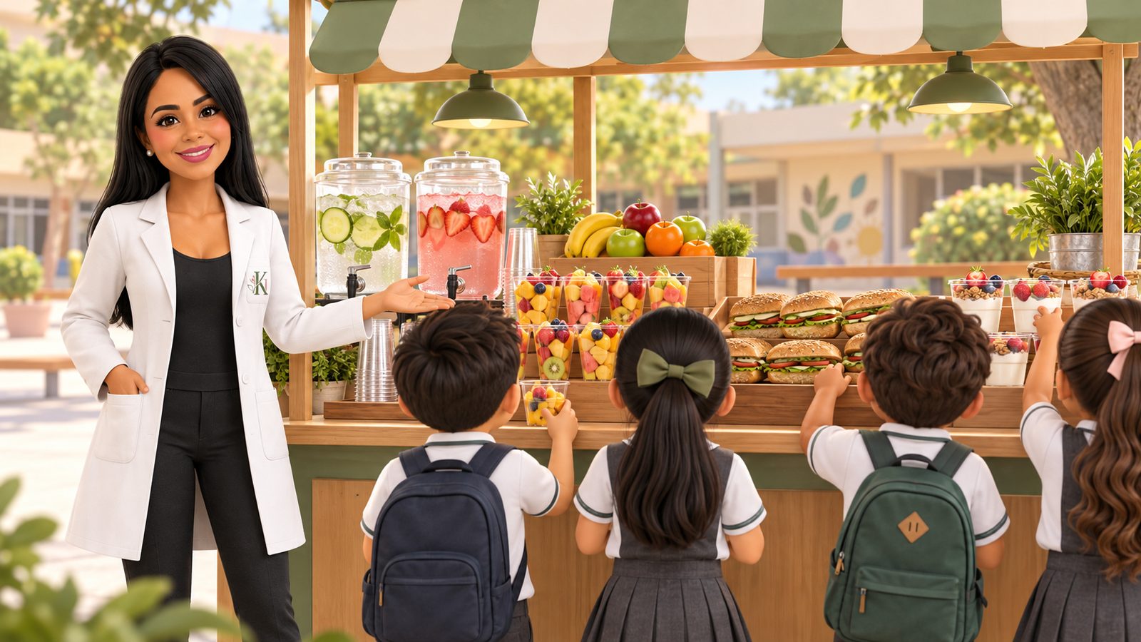 Karina Lara mostrando una tiendita escolar con agua de sabor natural, fruta fresca y sándwiches, mientras estudiantes eligen su refrigerio